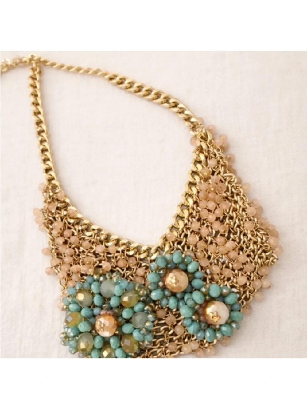 Gold Statement Necklace with Turquoise and Blush Pink Color Beads - Picture 4 of 12